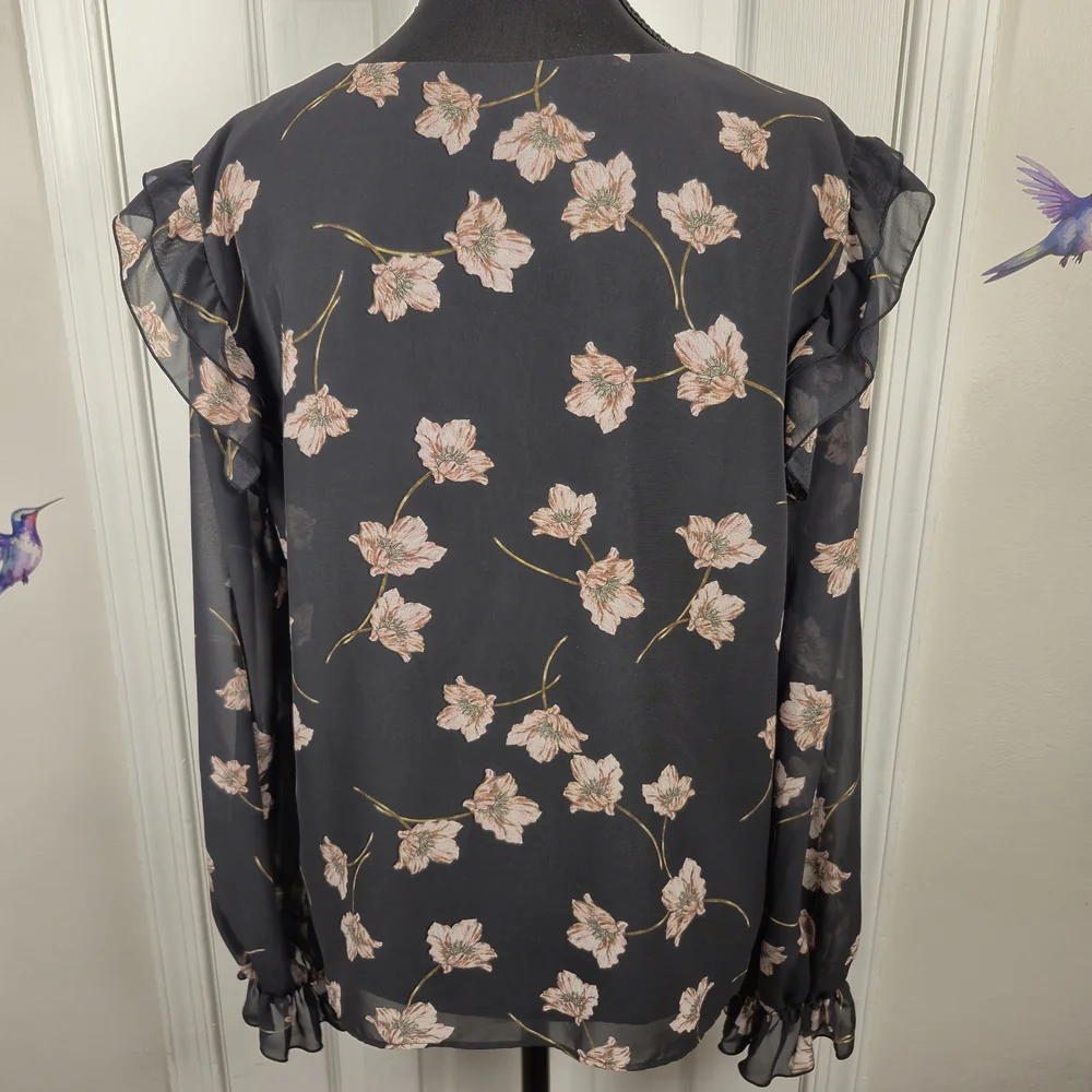 bar III Floral Ruffle V-Neck Sheer Long Sleeve Blouse Top L - Picture 2 of 7